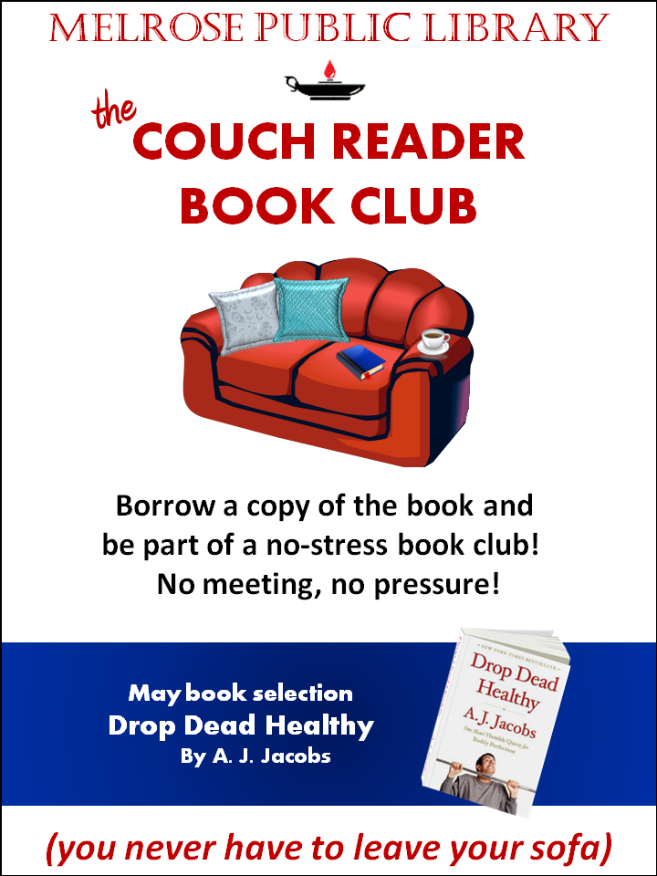 Image of Couch Reader Book Club flier promoting May book selection: Drop Dead Healthy by A.J. Jacobs