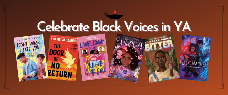 Banner image reading "celebrate Black voices in YA," featuring a selection of six covers of books by Black authors.